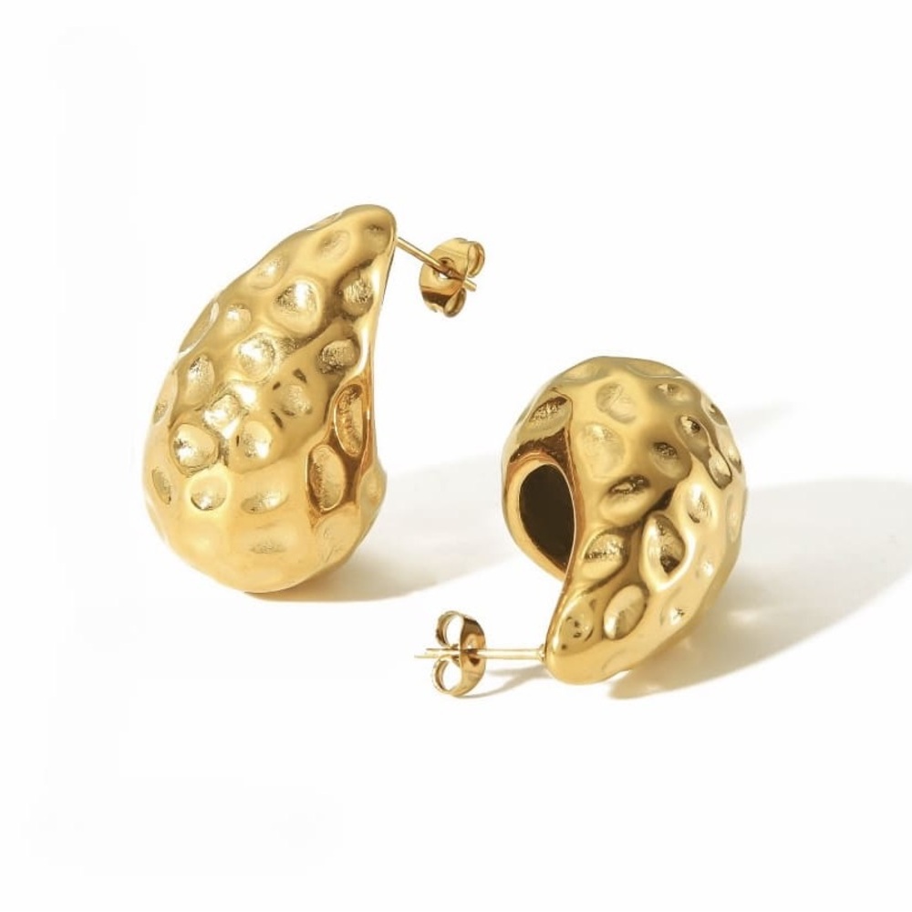 18K Gold Teardrop Earrings*Raindrop Earrings*Gold Textured Earrings - Picture 3 of 6